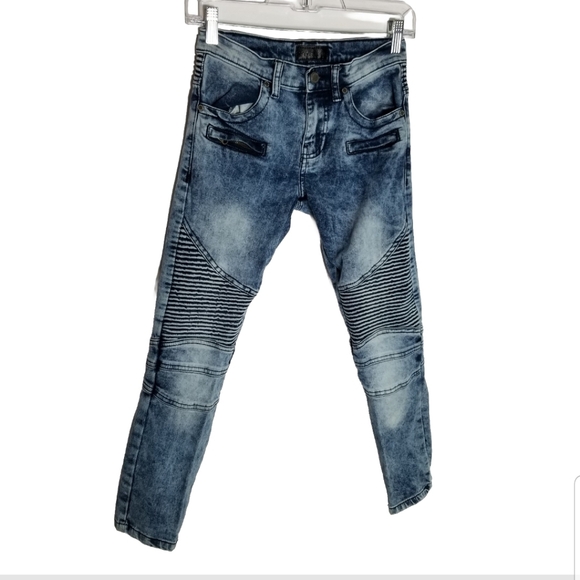 Steve's Jeans Youth Boys Size 10 Acid Wash Stacked Moto Blue Denim Zip Pockets - Picture 1 of 10